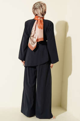 Asimetrik Kesim İp Kuşaklı Modal Takım Lacivert - İkili Takım