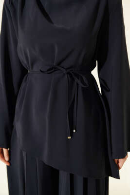 Asimetrik Kesim İp Kuşaklı Modal Takım Lacivert - İkili Takım