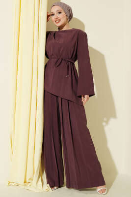 Asimetrik Kesim İp Kuşaklı Modal Takım Mürdüm - HEWES