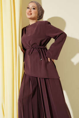 Asimetrik Kesim İp Kuşaklı Modal Takım Mürdüm - İkili Takım