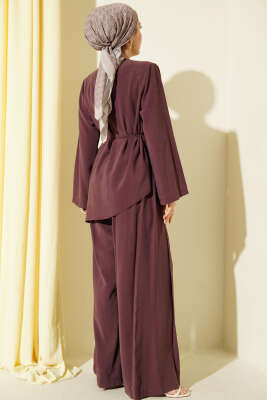 Asimetrik Kesim İp Kuşaklı Modal Takım Mürdüm - İkili Takım