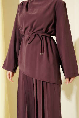 Asimetrik Kesim İp Kuşaklı Modal Takım Mürdüm - İkili Takım