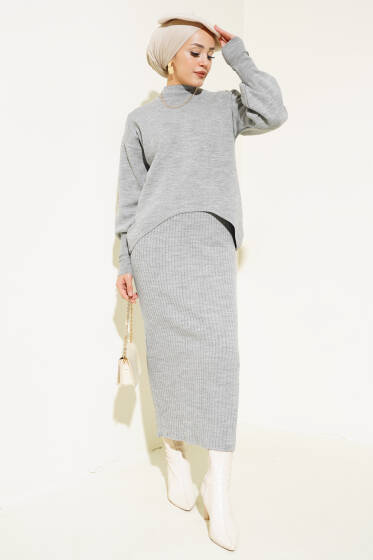 Asimetrik Kesim Jileli Triko İkili Takım Gri - Triko
