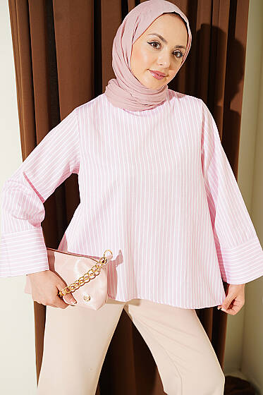 Asimetrik Kesim Kalın Çizgili Tunik Pembe - Tunik