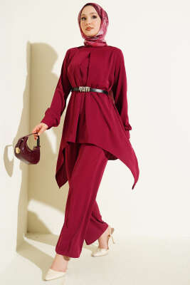 Asimetrik Kesim Kemerli Tunik Takım Bordo - ASMİN