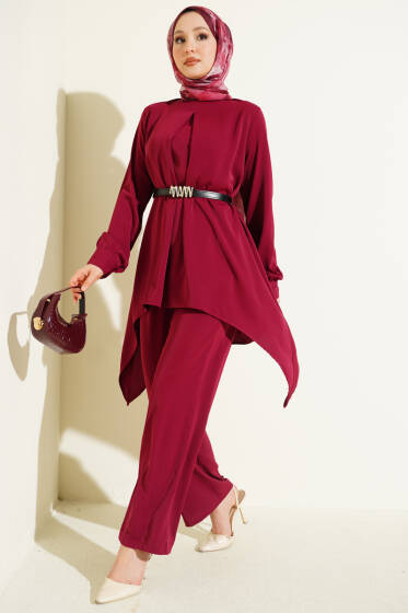 Asimetrik Kesim Kemerli Tunik Takım Bordo - İkili Takım