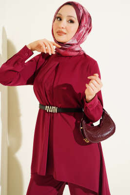 Asimetrik Kesim Kemerli Tunik Takım Bordo - İkili Takım