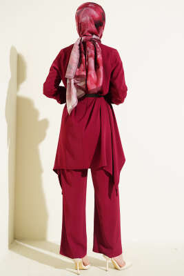 Asimetrik Kesim Kemerli Tunik Takım Bordo - İkili Takım