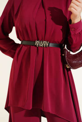 Asimetrik Kesim Kemerli Tunik Takım Bordo - İkili Takım