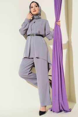Asimetrik Kesim Kemerli Tunik Takım Gri - ASMİN