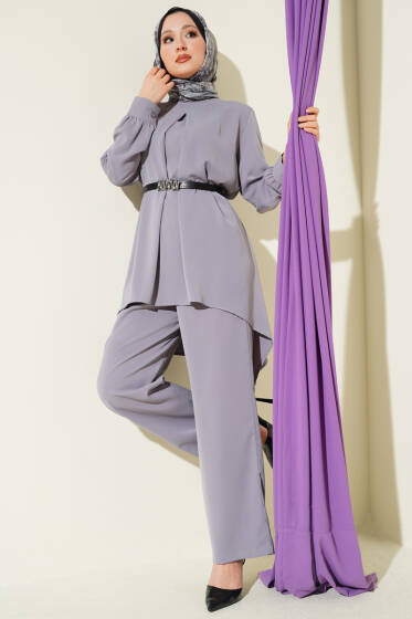 Asimetrik Kesim Kemerli Tunik Takım Gri - İkili Takım