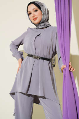 Asimetrik Kesim Kemerli Tunik Takım Gri - İkili Takım