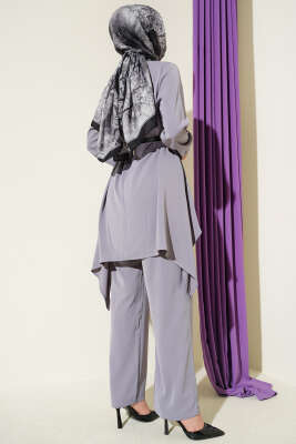 Asimetrik Kesim Kemerli Tunik Takım Gri - İkili Takım