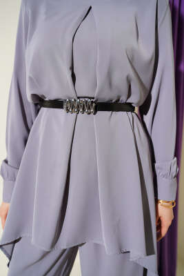 Asimetrik Kesim Kemerli Tunik Takım Gri - İkili Takım