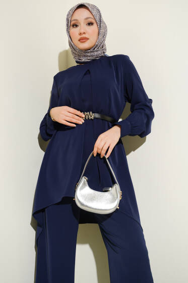 Asimetrik Kesim Kemerli Tunik Takım Lacivert - İkili Takım
