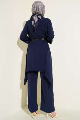 Asimetrik Kesim Kemerli Tunik Takım Lacivert - İkili Takım