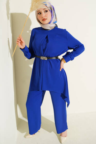 Asimetrik Kesim Kemerli Tunik Takım Saks - İkili Takım