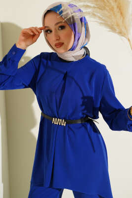 Asimetrik Kesim Kemerli Tunik Takım Saks - İkili Takım