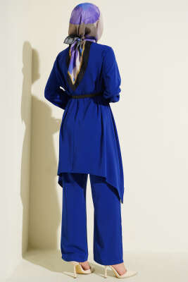 Asimetrik Kesim Kemerli Tunik Takım Saks - İkili Takım