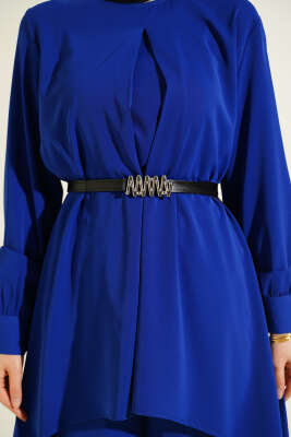 Asimetrik Kesim Kemerli Tunik Takım Saks - İkili Takım