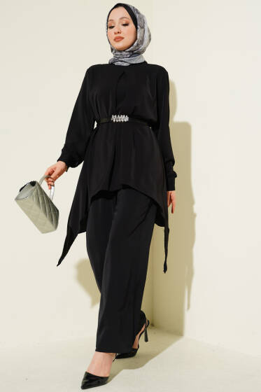 Asimetrik Kesim Kemerli Tunik Takım Siyah - İkili Takım
