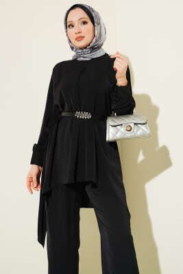 Asimetrik Kesim Kemerli Tunik Takım Siyah - İkili Takım
