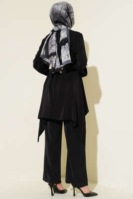 Asimetrik Kesim Kemerli Tunik Takım Siyah - İkili Takım