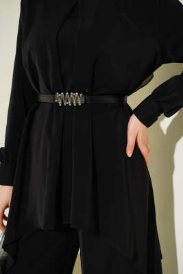 Asimetrik Kesim Kemerli Tunik Takım Siyah - İkili Takım