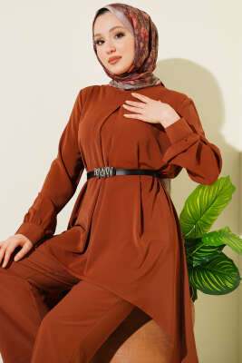 Asimetrik Kesim Kemerli Tunik Takım Taba - İkili Takım