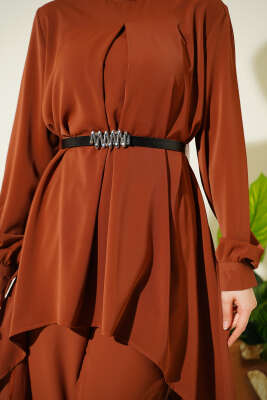 Asimetrik Kesim Kemerli Tunik Takım Taba - İkili Takım