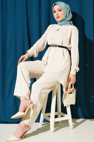 Asimetrik Kesim Kemerli Tunik Takım Taş - İkili Takım