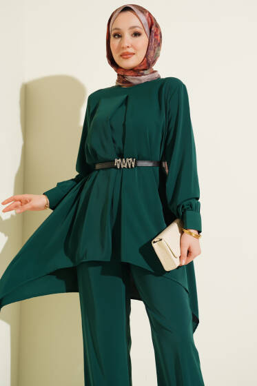 Asimetrik Kesim Kemerli Tunik Takım Zümrüt - İkili Takım