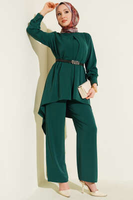 Asimetrik Kesim Kemerli Tunik Takım Zümrüt - İkili Takım