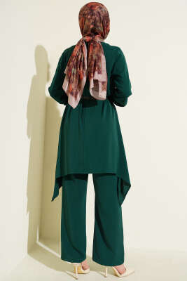 Asimetrik Kesim Kemerli Tunik Takım Zümrüt - İkili Takım