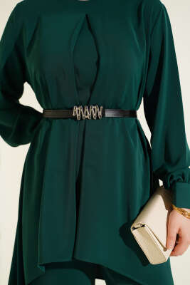 Asimetrik Kesim Kemerli Tunik Takım Zümrüt - İkili Takım