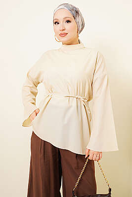 Asimetrik Kesim Poplin Tunik Bej - Tunik