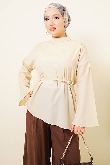 Asimetrik Kesim Poplin Tunik Bej - Tunik