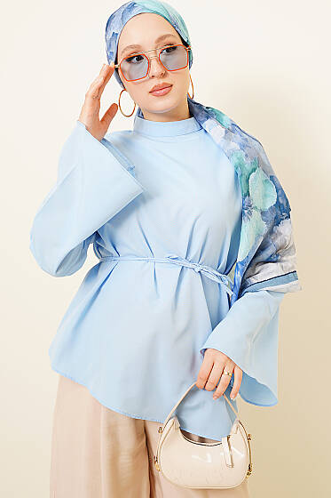 Asimetrik Kesim Poplin Tunik Mavi - Tunik