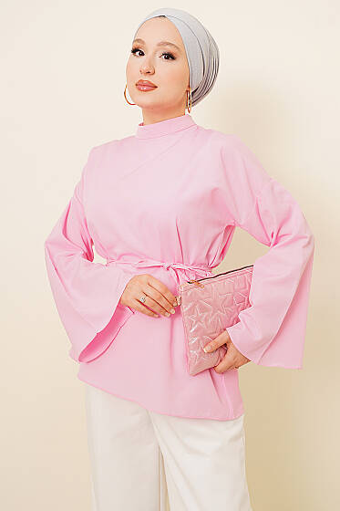 Asimetrik Kesim Poplin Tunik Pembe - Tunik