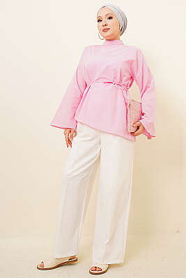 Asimetrik Kesim Poplin Tunik Pembe - Tunik