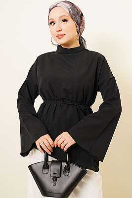 Asimetrik Kesim Poplin Tunik Siyah - BERAT TEKSTİL