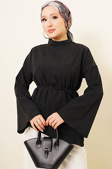 Asimetrik Kesim Poplin Tunik Siyah - Tunik