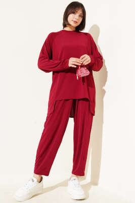 Asimetrik Kesim Sandy Tunik İkili Takım Bordo 