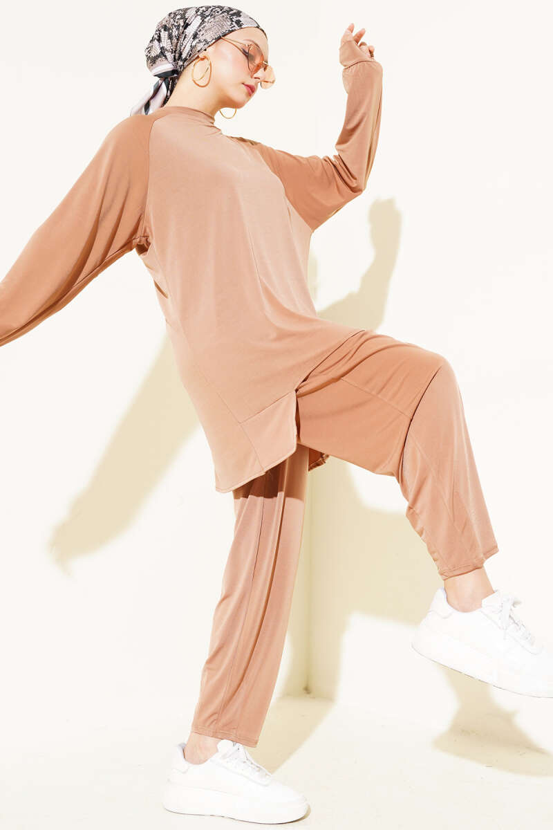 Asimetrik Kesim Sandy Tunik İkili Takım Camel