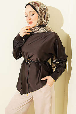 Asimetrik Kesim Saten Tunik Acı Kahve - BERAT TEKSTİL