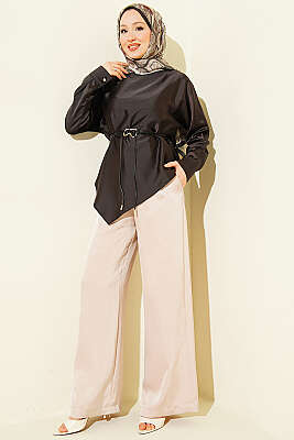 Asimetrik Kesim Saten Tunik Acı Kahve - Tunik