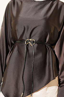 Asimetrik Kesim Saten Tunik Acı Kahve - Tunik