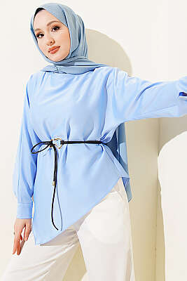 Asimetrik Kesim Saten Tunik Bebe Mavi - BERAT TEKSTİL