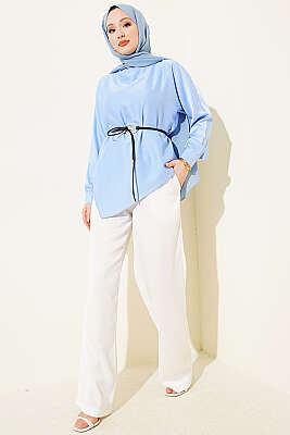 Asimetrik Kesim Saten Tunik Bebe Mavi - Tunik