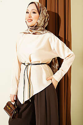 Asimetrik Kesim Saten Tunik Bej - BERAT TEKSTİL